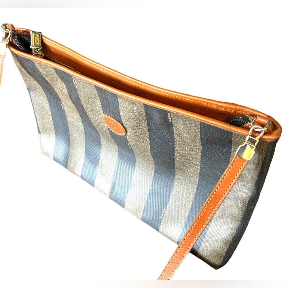 Vtg FENDI Pequin Stripe Brown Coated Canvas Long Strap Shoulder Crossbody Purse - Picture 8 of 9